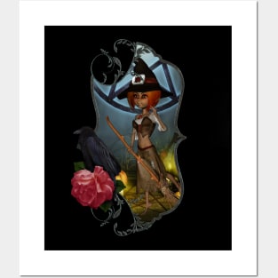 Cute little witch with pumpkin in the halloween night Posters and Art